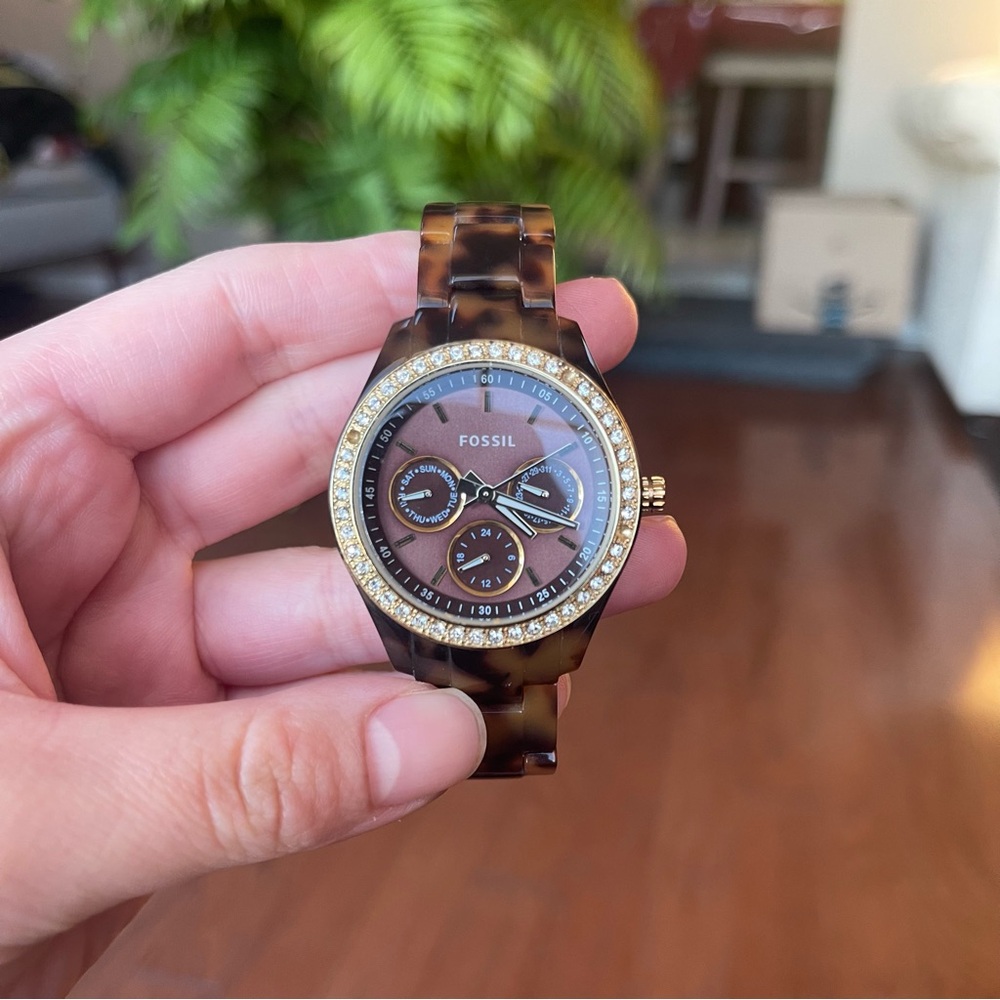 Fossil Tortoise Shell Gold Bezel Stainless Steel CZ Wrist Watch